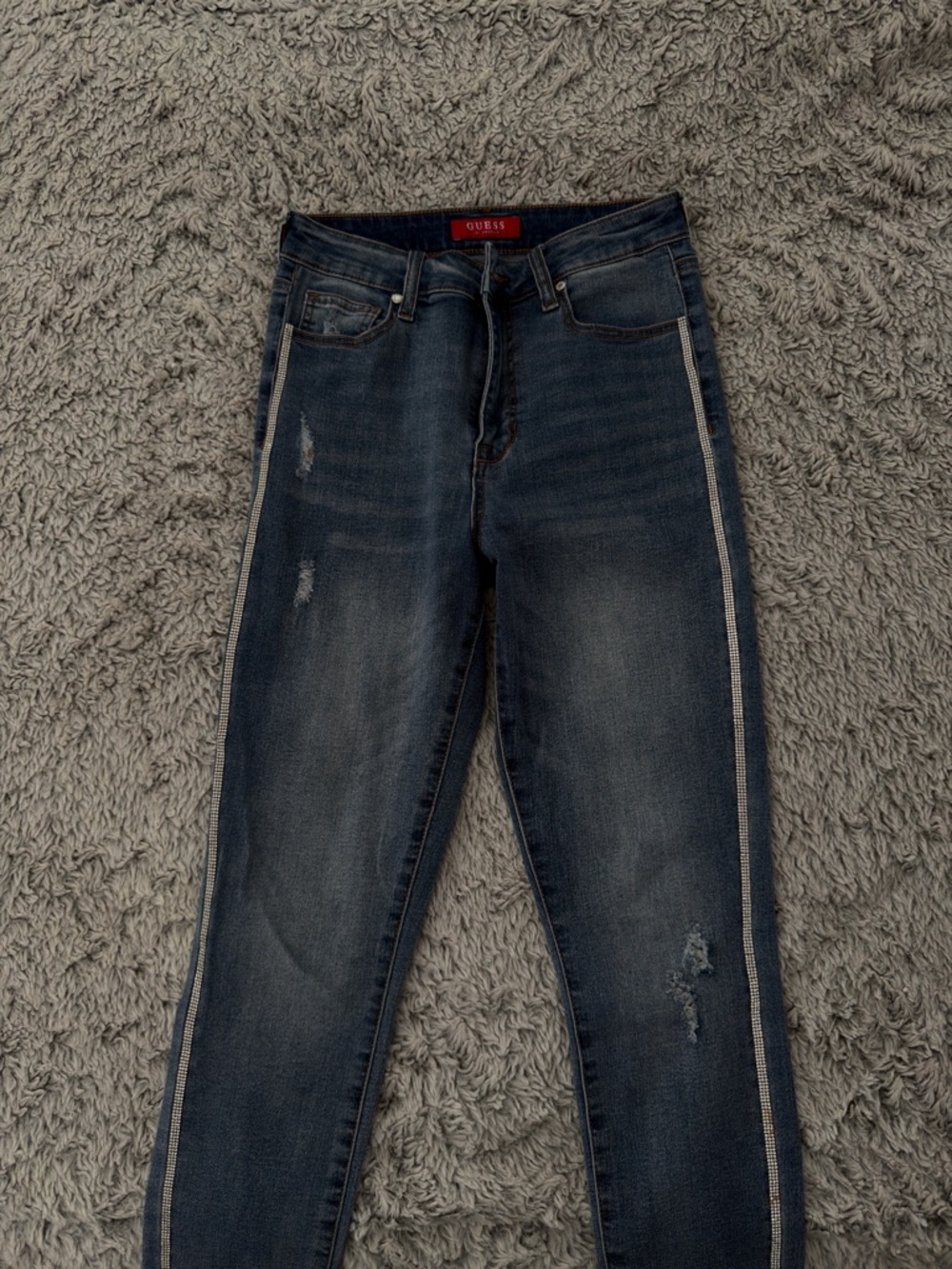 Guess Dark Blue Distressed Skinny Jeans with Silver Side Trim